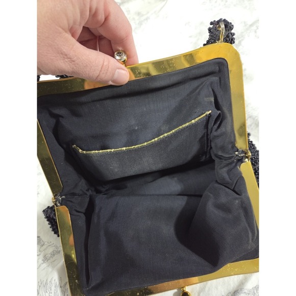 Vintage Beaded Handbag Tote Black Gold Snap Closure - Picture 5 of 8